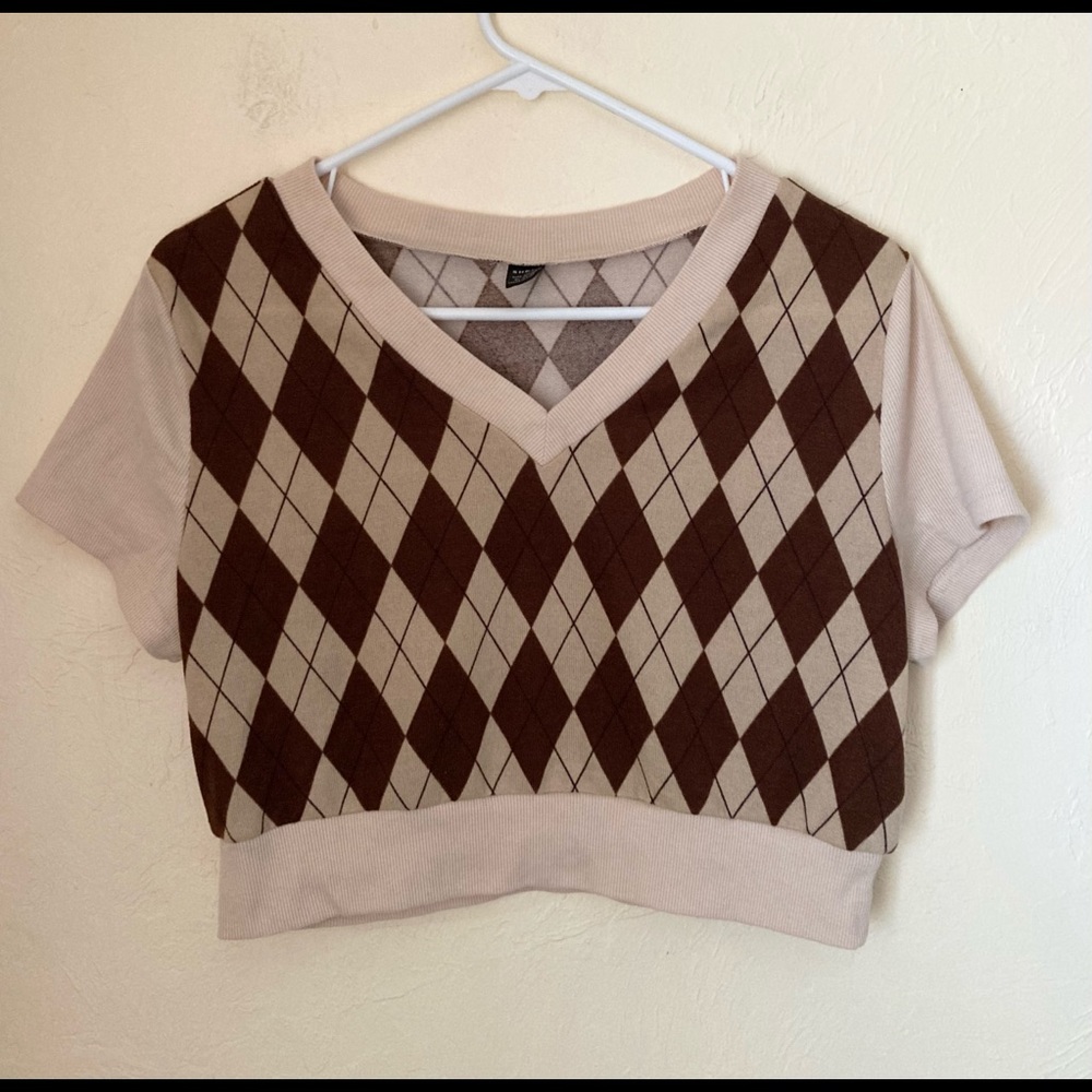 Shein Women's Tan and Brown Argyle Patterned Cropped Sweater Top Size XL (JR)